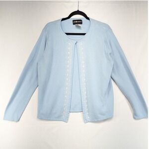 Sage‎ Harbor Cardigan Sweater Light Blue Embroidered Knit Large